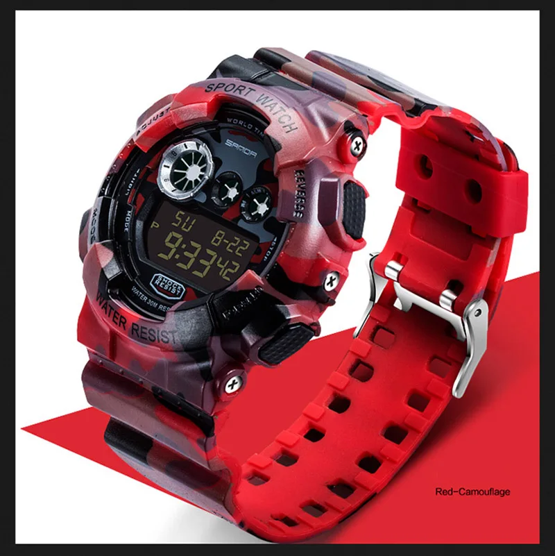 SANDA Брендовые спортивные часы для мужчин и женщин, уличные повседневные цифровые часы, 3 бар, водонепроницаемые военные армейские часы, противоударные часы - Цвет: Red