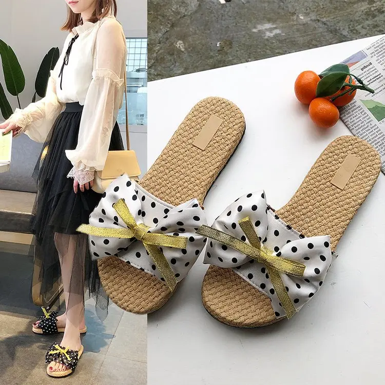 

Female Bow Knot New 2019 Flat Leather Brief Outside Rubber Slippers Slides Sandal Modis Summer Ladies Babouche Butterfly
