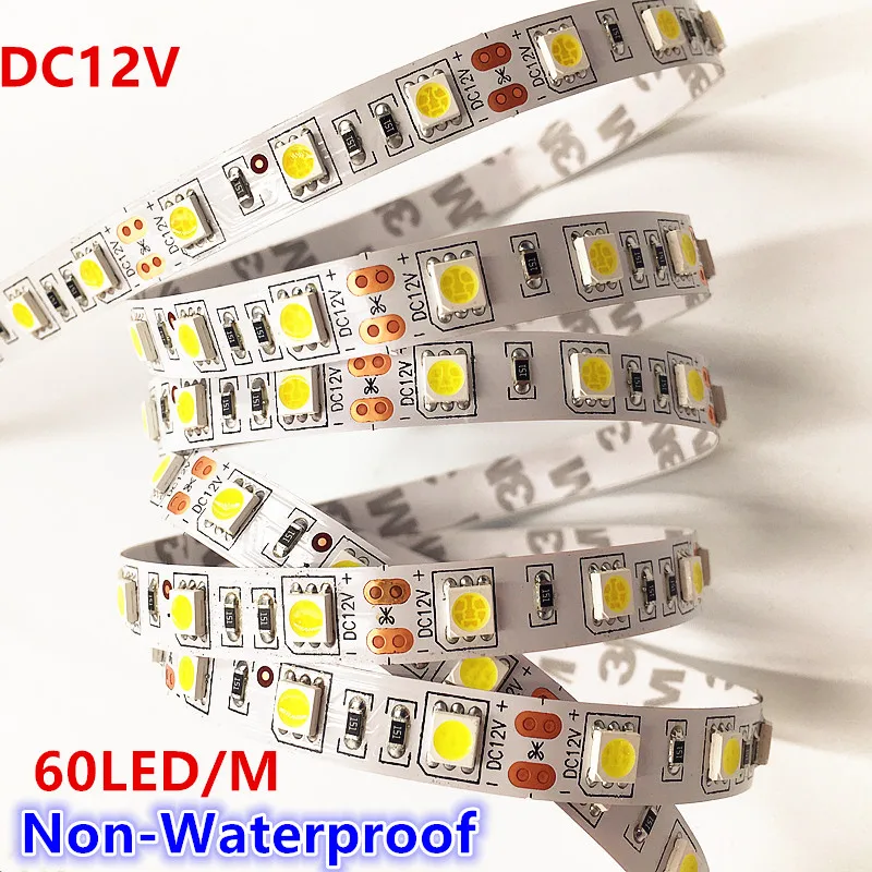 200 м/лот светодиодные полосы 5050SMD не водонепроницаемый DC12V гибкий свет 60led/m, белый/теплый белый/синий/зеленый/красный/желтый/RGB/фиолетовый/роз