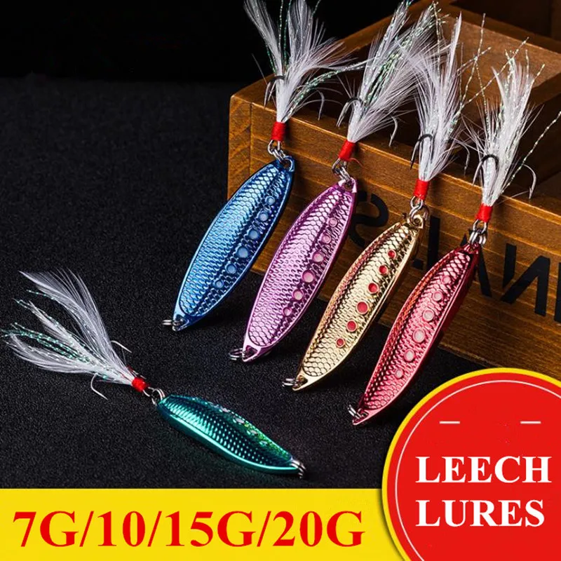 

1Pcs 7g/10g/15g/20g Metal Fishing Lure Spoon Sequins Spinner with Feather Hard Bait For Sea lake lure Tool Wobblers