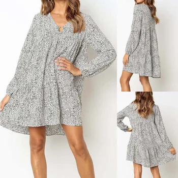

Autumn NEW Arrival Fashion HOT Women's Casual Sexy V-neck Long Sleeve Printed Loose Thin Empire Mini Dress Freeship платье