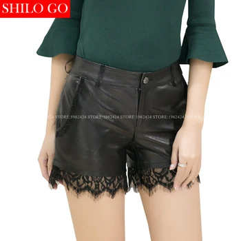

SHILO GO New Fashion Street Women Empire Black Sexy lace stitching Shorts Leather sheepskin Genuine Shorts Ladies Concise Shorts