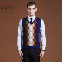 Лидер продаж Мужская Аргайл v-образным вырезом свитер жилет Модные клетчатые мужские шерстяная одежда без рукавов жаккардовая Свитера, пуловеры