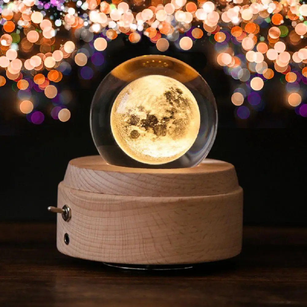 Caja de música luminosa de madera de bola de cristal de Luna caja de música giratoria innovador Regalo de Cumpleaños manivela de mano mecanismo de caja de música de regalo