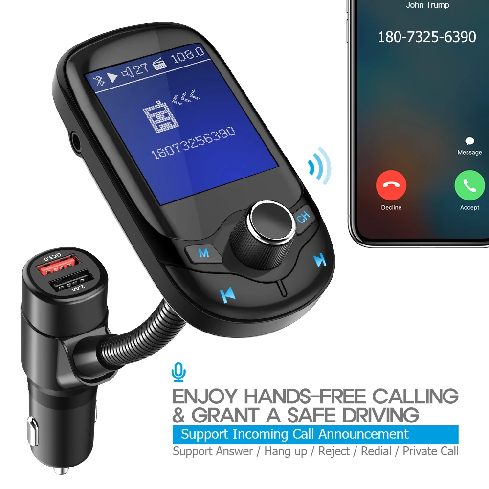 Nulaxy Car MP3 Player Bluetooth FM Transmitter with 1.8