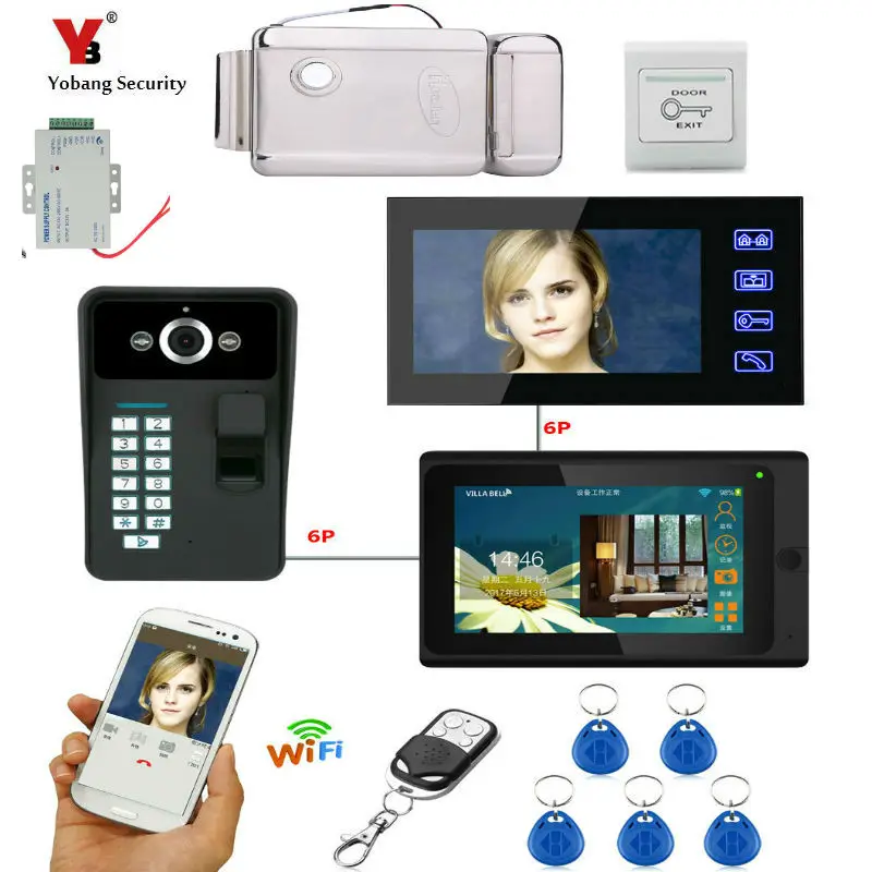 Yobang Security 7\ 2 Monitors Wired/Wireless Wifi Video Door Phone Doorbell Intercom System with Fingerprint 5pcs RFID Password