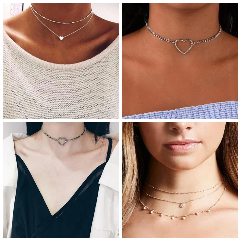 

Newest Fashion Punk Hollow Peach Heart-Shaped Chain Necklace For Couple Metal Simple Short Choker Wedding Jewelry Accessories