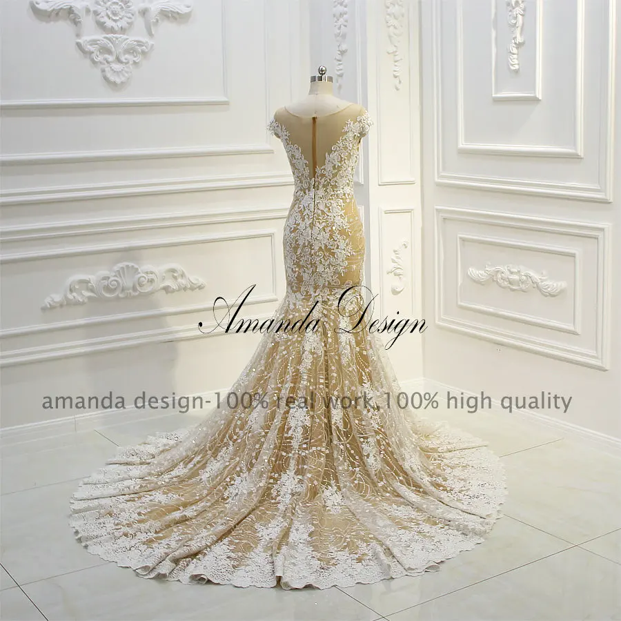 Аманда дизайн с коротким рукавом Кружева аппликация Шампанское Русалка модное свадебное платье
