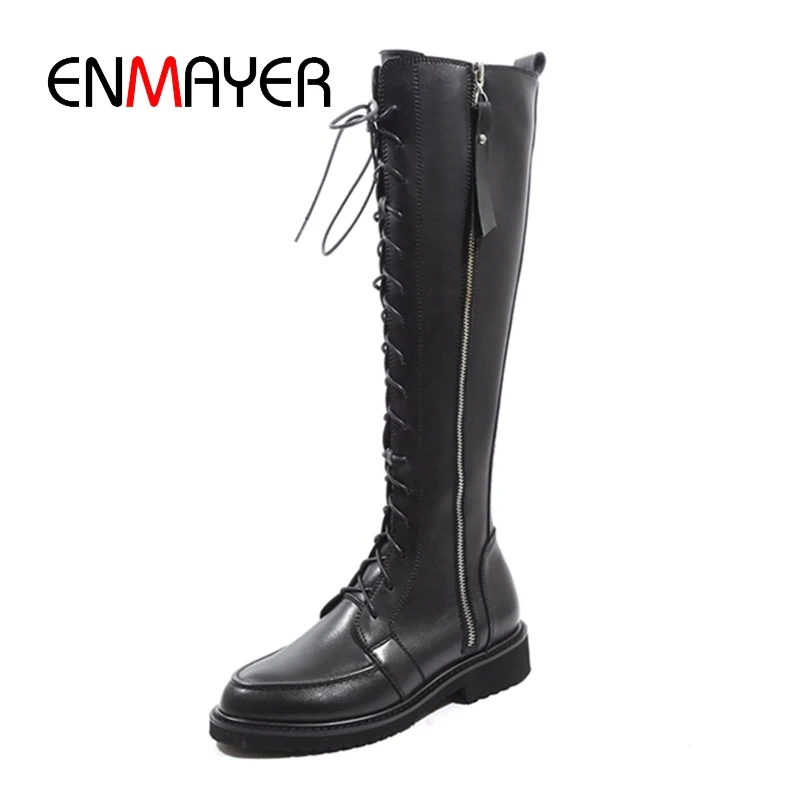 Beste ENMAYER Vrouwen ronde neus rits lace up knie hoge marter laarzen dame mode vierkante hak laarzen Zwarte schoenen Big size 34 42 ZYL1096