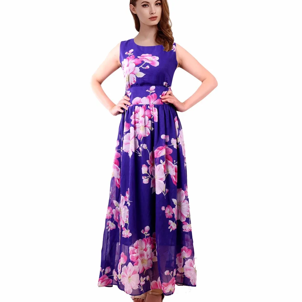 Women Casual Dresses Summer Floral Print Chiffon Vestidos Sleeveless