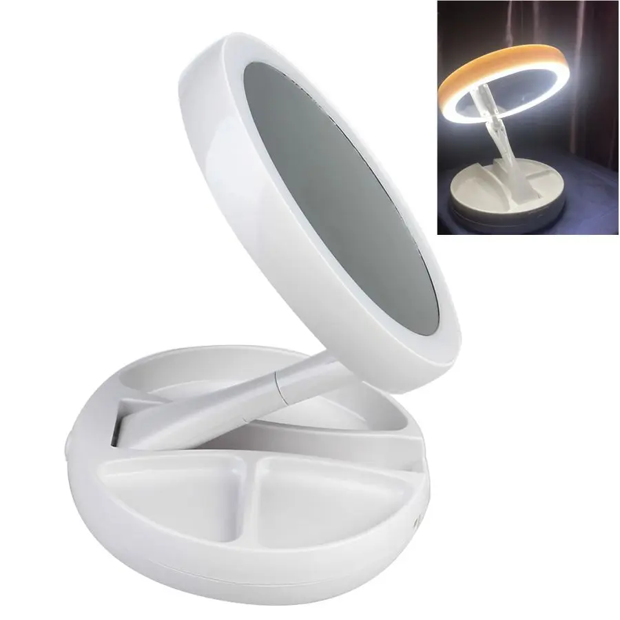 

USB Fold Away LED Makeup Mirror Double-sided Rotation Folding USB Lighted Vanity Mirror Touch Screen Portable Tabletop Lamp