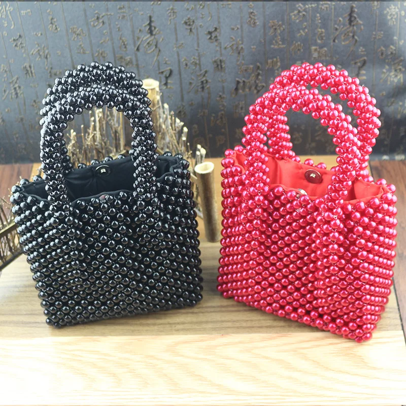 

Luxury Brand Hand-woven Pearl bags DIY Solid Color Women Beaded Handbag Elegant Evening Bag Retro Designer Quality Handbag