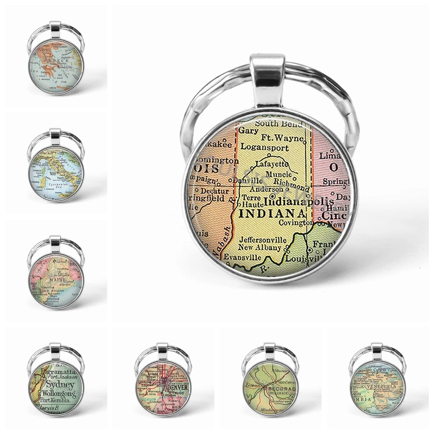 

2019 Newest Metal Keychain Handmade Vintage Greece World Map Earth Geography Key Chain Glass Dome Keychains for Men Women Gift