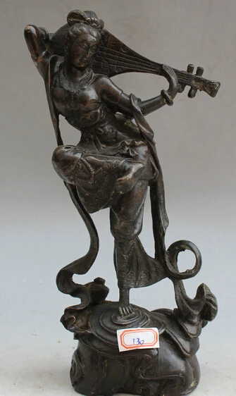 

JP S61 7" Old Chinese Bronze Folk Stand Palace belle Girl Lady play musical Lute Statue