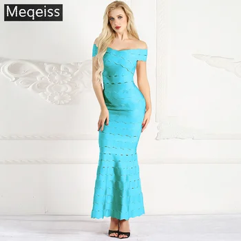 

2019 Summer Off Shoulder Maxi Dress Women Fashion Evening Party Dress Mermaid Bandage Hollow Out Slim Ruffle Long Dresses Womens