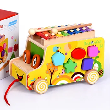 

Healthy wooden toy Multi-function Kids Dragging car Knock on the piano Colorful lovely wooden dog cartoon car STEM children toy