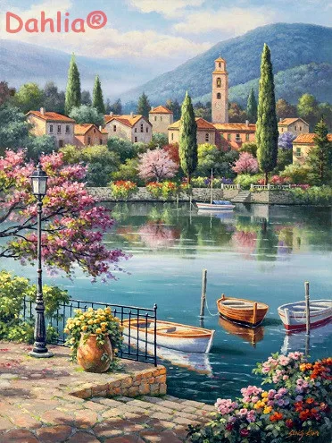 

Village Lake Scenery Needlework Embroidery DIY DMC Arts Cross Stitch Kits Crafts 14CT Counted Unprinted Home Decor Handmade