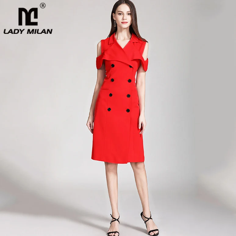 

Women's Runway Dress Turn Down Collar Off the Shoulder Double Breasted Fashion Designer Dresses