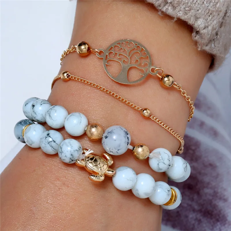 

4PCS/Set Simple Heart Wave LOVE Crystal Marble Stone Chain Bracelets For Personality Women Boho Gold Bangle Jewelry Wholesale