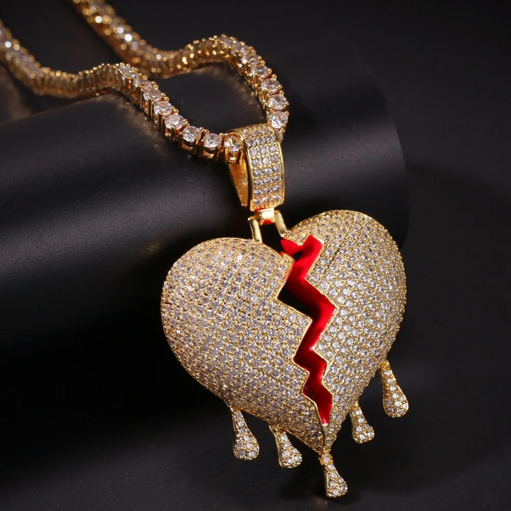 

Hip Hop AAA CZ Cubic Zirconia Bling Iced Out Broken Water Drop Heart Pendants Necklace for Men Rapper Jewelry Gold Silver