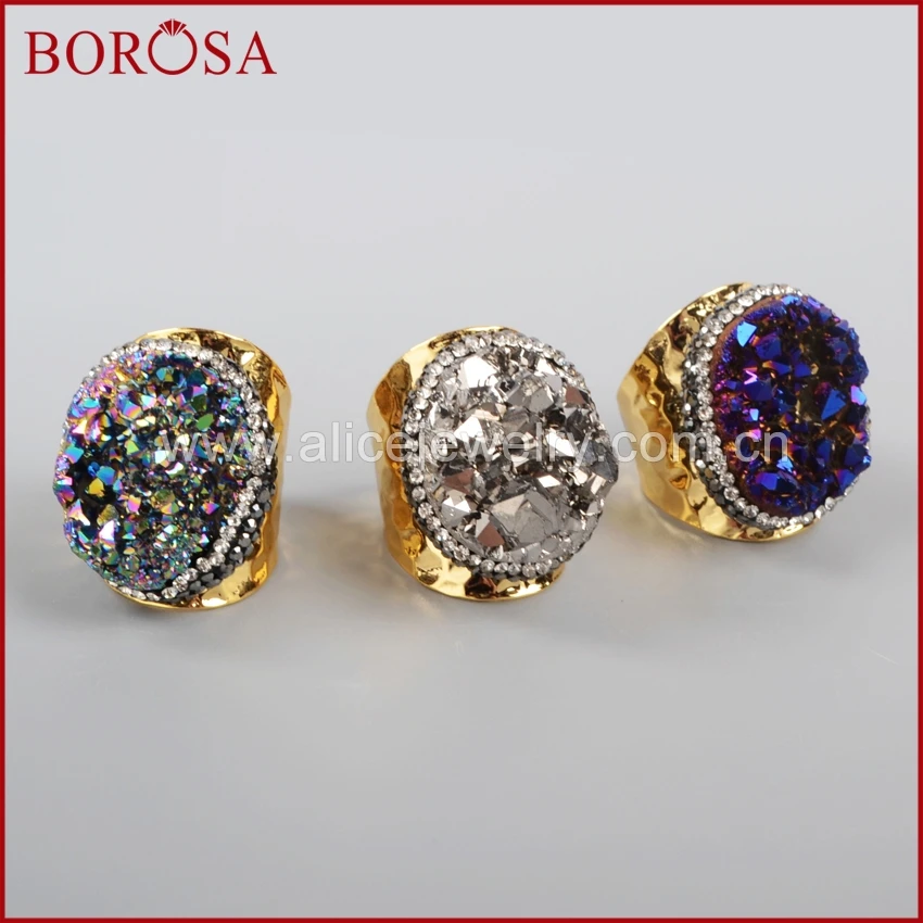 BOROSA Gold Color Rainbow Crystal Titanium Druzy Quartz Copper Ring Paved Zircon for Women JAB255