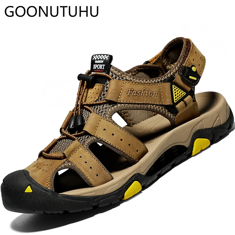 

2019 fashion men's sandals casual leather shoes man summer beathable beach sandal male khaki brown & black outdoor shoes for men
