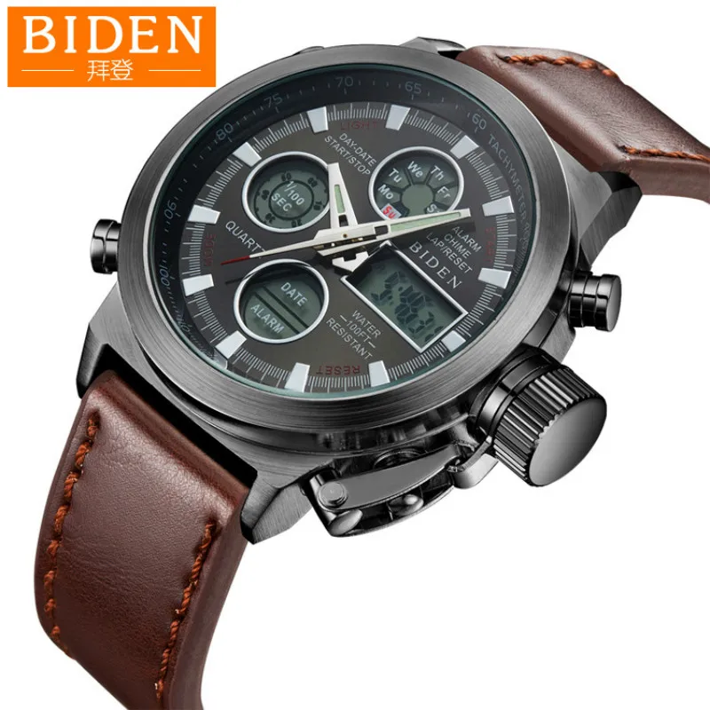 BIDEN Brand Men Diver LED Digital Sports Watch Military Genuine Leather Nylon Quartz Wristwatches W