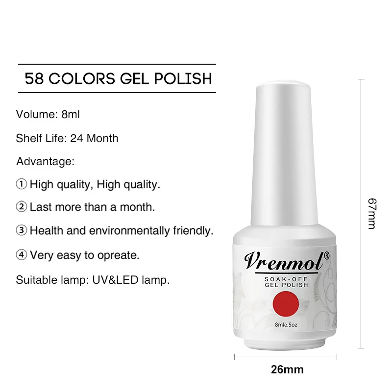 Vrenmol 8 мл Лак для ногтей Vernis полуперманентный 58 цветов УФ-лампа для основы и топ Lijm лак маникюрный лак Инструменты для дизайна ногтей