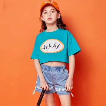 

Summer Kids Dance Costumes Girls Jazz Clothes Blue Top+Short Jeans Hip Hop Clothing Street Dance Wear Kids Stage Costume BL1760