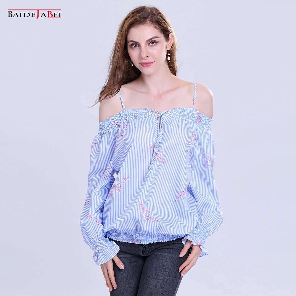 Striped Bottom Shirt 2017 Women's New Sling Straps Shoulder Straps Straps Horns Sleeves Small