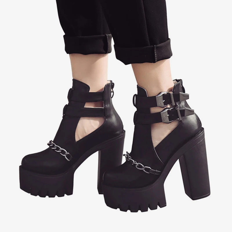 Calzado De Punk Botas Para Con Cremallera Moda Tobillo Alto Black Alto Zapatos Cadena Metal Sexy Tacón Mujer qHS16S