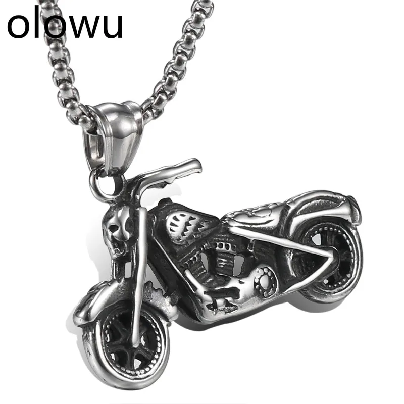 

olowu Motorcycle Biker Necklace Pendant Men Vintage Silver Stainless Steel High Quality Men's Necklace Box Chain Punk Jewelry