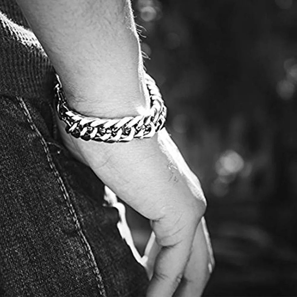 

Men Stainless Steel Silver Tone Bracelets Men's Hand Wrist Chain14mm Width Curb Chain Link Bracelet Fashion Jewelry Gift