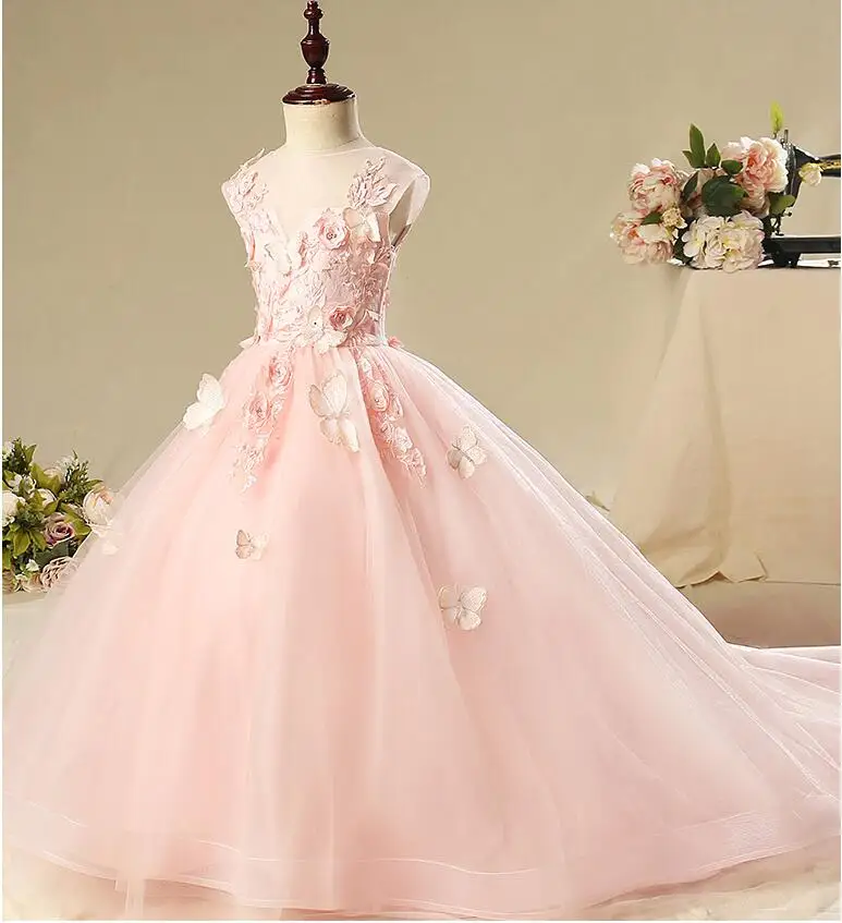 

Long Trailing Pink Tulle Girl Pageant Ball Gown Floral Flower Girl Dress for Wedding Girl Party Princess First Communion Gowns