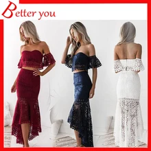 2019 dress women new two piece set lace tube top elegant sexy dress red white blue color backless pencil lace dress two tone jersey pencil dress