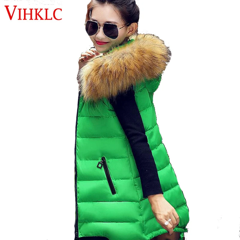 2016 Women Long Vest Jacket Sleeveless Fur Collar Hooded Down Cotton