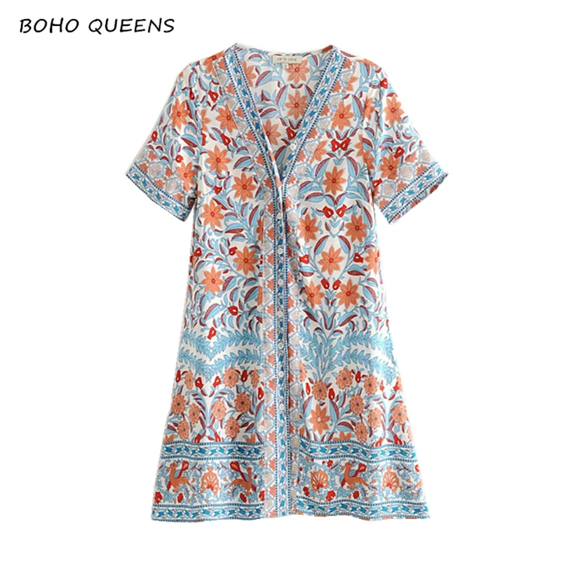 

Boho chic women floral print short sleeve v-neck single breasted beach Bohemian dress tassel rayon mini dress vestidos