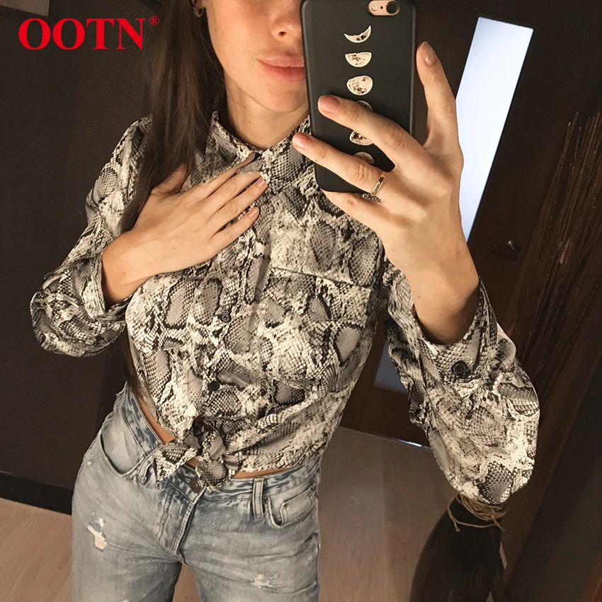 OOTN женские офисные Топы с длинным рукавом змеиная кожа Туника блузка женская на пуговицах с животным принтом рубашки винтажные повседневные уличные