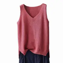 Весна Лето Женский свитер жилет женский без рукавов с v-образным вырезом вязаный жилет Повседневные Топы Пуловер Большие размеры с разрезом сбоку A20