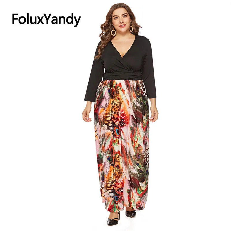 

Patchwork Print Dress Women Plus Size Casual Wrist Sleeve V-neck A-line Ankle-length Long Dress SQQ1926