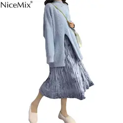 NiceMix Весна Harajuku женские юбки элегантные складные бархатные юбки Империя А-силуэт до середины икры Корейская уличная Faldas Mujer Moda 2019