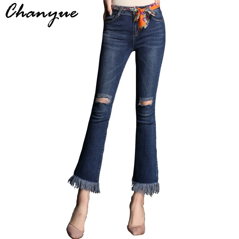 

Chanyue Jeans Woman Ripped Boyfriend Jeans For Women Blue Torn Flared Jean Femme Plus Size Hole Denim Pants Big Bell Bottoms