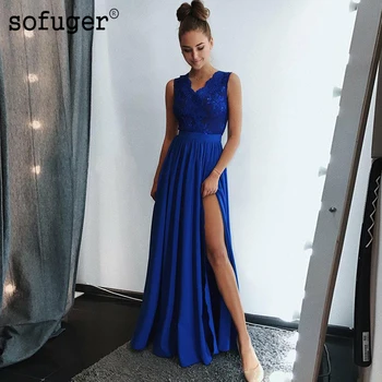 

Royal Blue High Slit Lace Up Back Chiffon Evening Dresses Arabic Muslim Special Occasion Plus Size Robe De Soiree Vestidos
