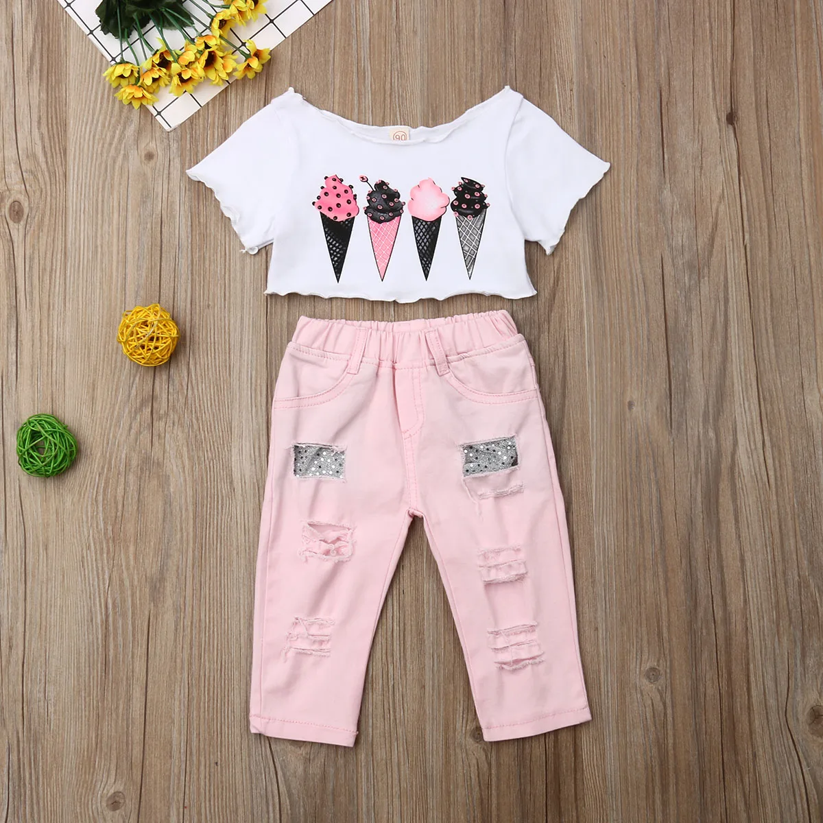 US Baby Girls Outfits 2PCS Pink Summer T-shirt+Denim Shorts Toddler Kids Clothes