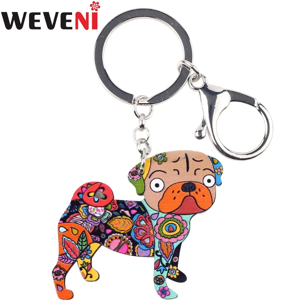 

WEVENI Original Acrylic Pug Dog Key Chain Key Ring Pendant Charm Car Pendant Statement Hot Trendy Animal Jewelry For Women