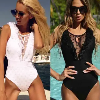

2019 venus vacation Bikini Deep V-collar Lotus Leaf Mesh Wave Point Linkage Swimming Suit for Women bathing suit beachwear