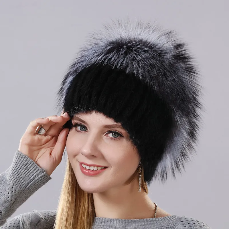 DENPAL Fashion Hat Warm Winter Cap For Women Real Natural Mink Fur And Silver Fox New Design With Chain In The Back | Аксессуары для
