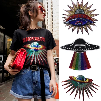 

Cartoon UFO Spacecraft Earth Iron On Patches For Clothing Star Wars Alien Big Patch Army Rock Decorations For Clothes Applique