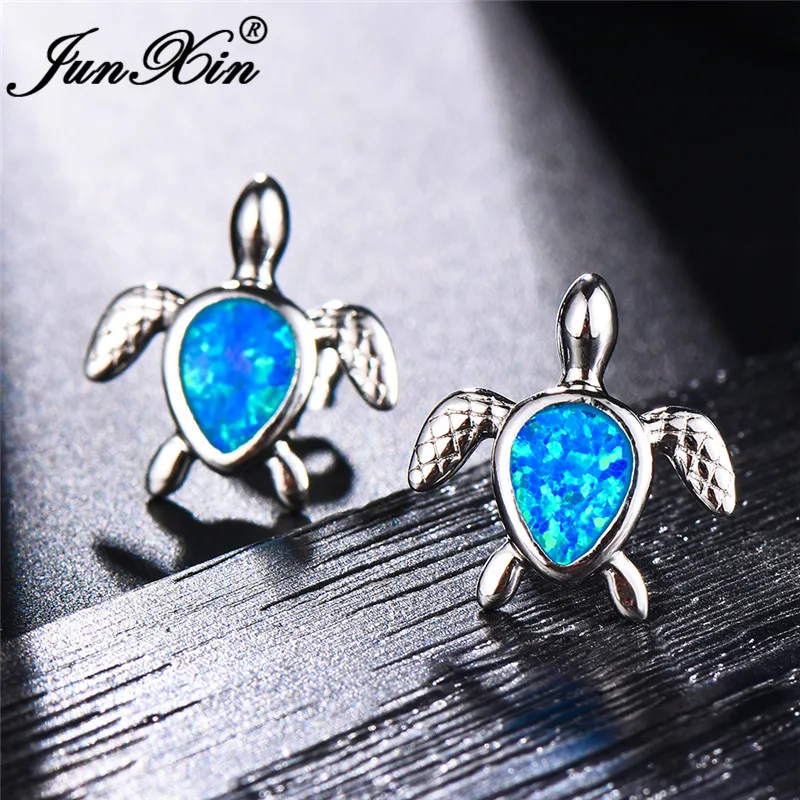 JUNXIN 925 стерлингового серебра милые черепахи серьги гвоздики для женщин синий/белый огонь опаловые серьги Радуга каплевидный камень шпильки