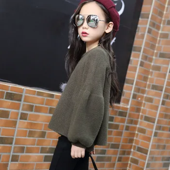 

knitting little big girls sweaters 2017 autumn spring loose green knitted sweaters for girls long sleeve tops children clothing